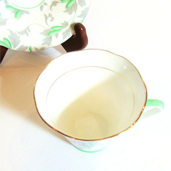 Grafton Ashley Tea Cup & Saucer Set Green White Bone China Gold Rim England Vtg - Picture 6 of 8